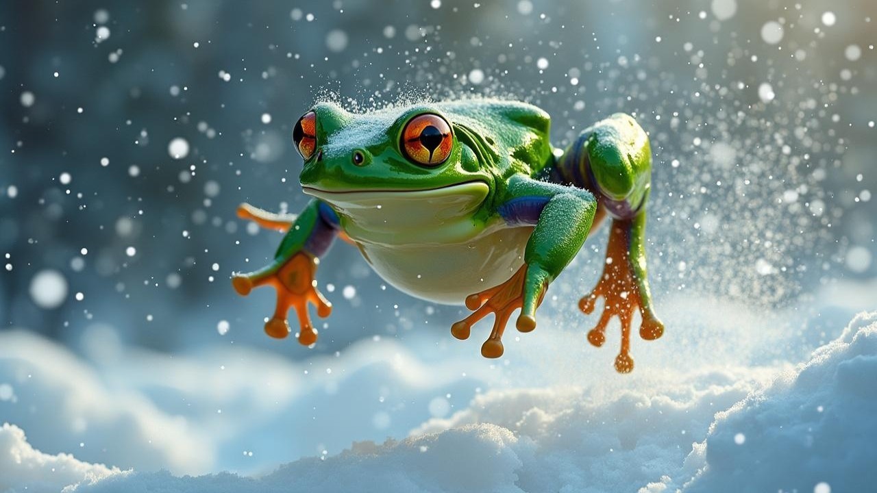Vibrant Green Frog in Snowy Winter Landscape