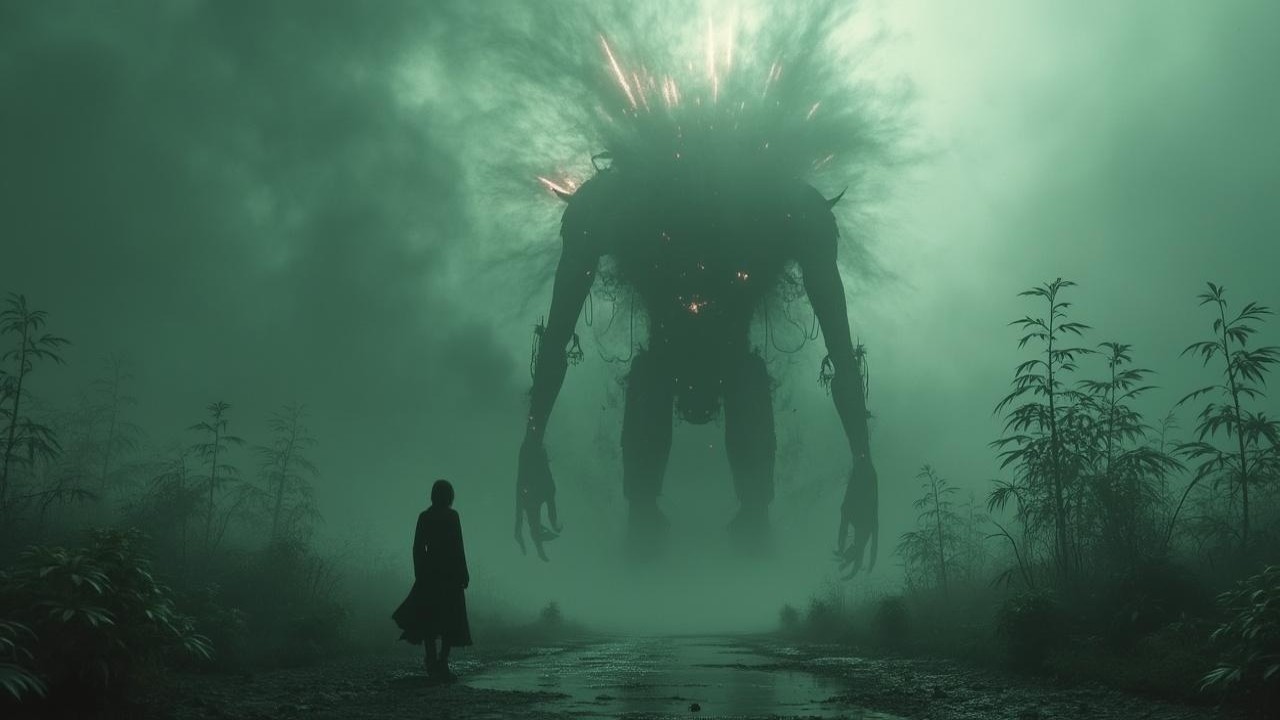 Lone Figure Confronts Colossal Creature in Foggy Setting