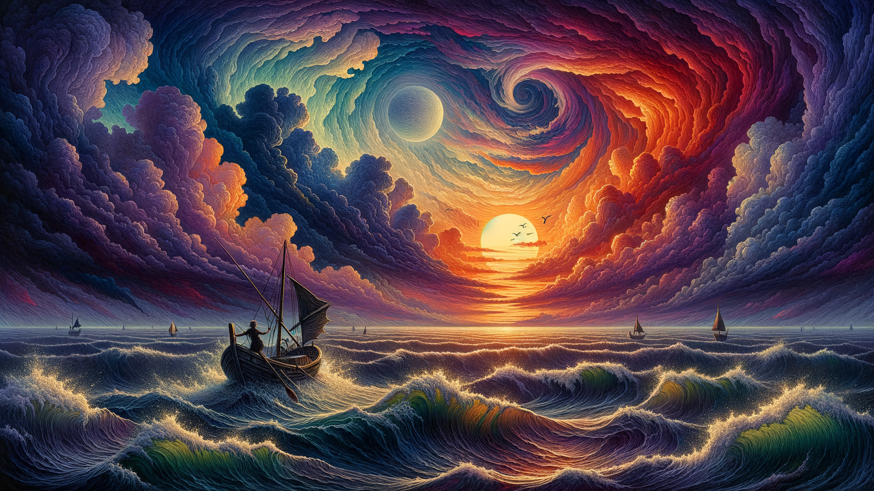 Seascape with Boat, Vibrant Waves, and Sunset Sky