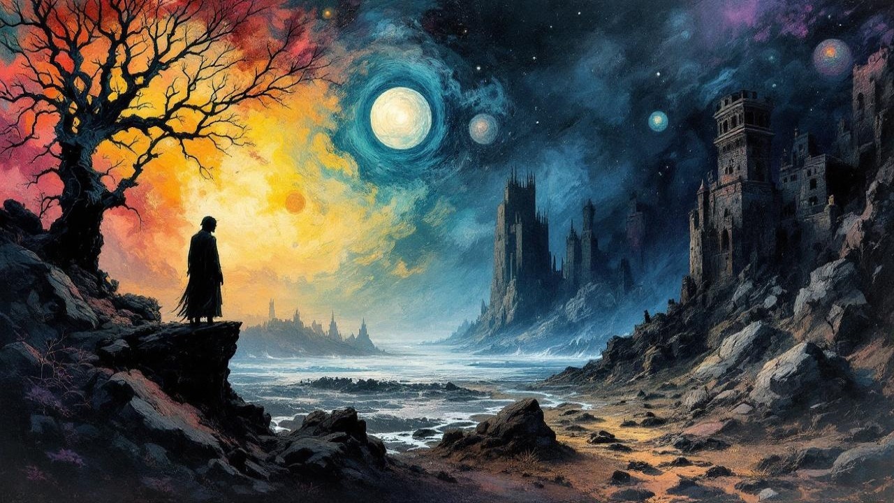 Silhouetted Figure in Surreal Landscape at Dusk