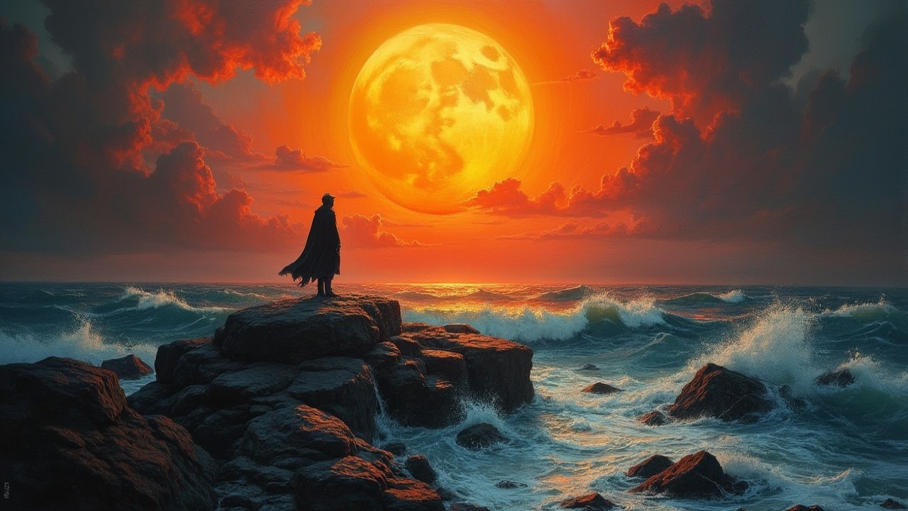 Twilight Scene of Cloaked Figure by Ocean Waves