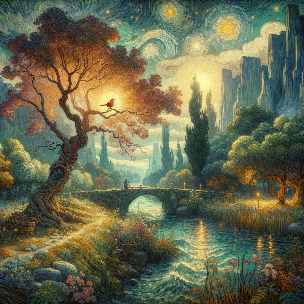 Vibrant Landscape with Stars, Tree, and River Scene