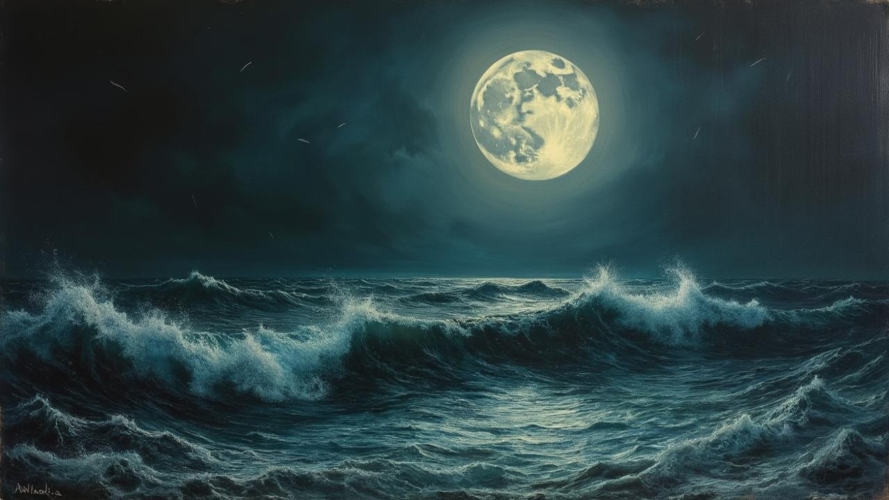 Dramatic Seascape with Waves and Full Moon Light