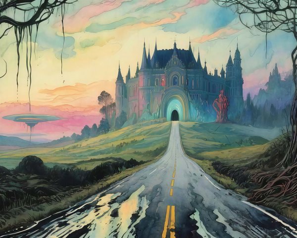 Whimsical Watercolor of Gothic Castle at Sunset