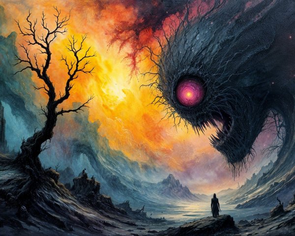 Surreal Landscape with Cosmic Sky and Monstrous Entity
