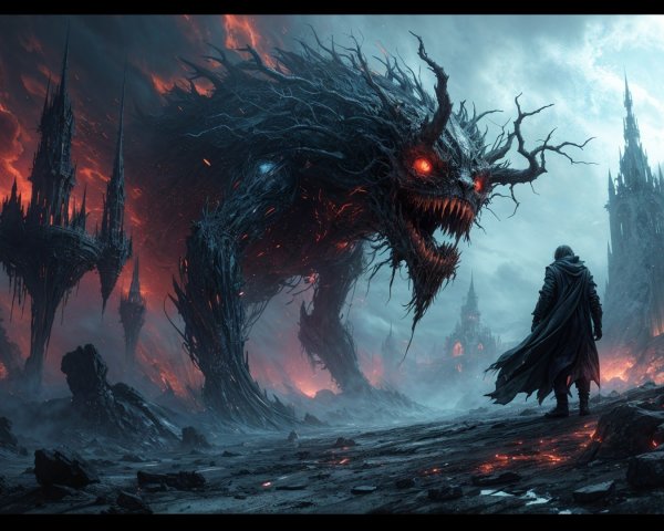 Dark Landscape with Monstrous Creature and Cloaked Figure