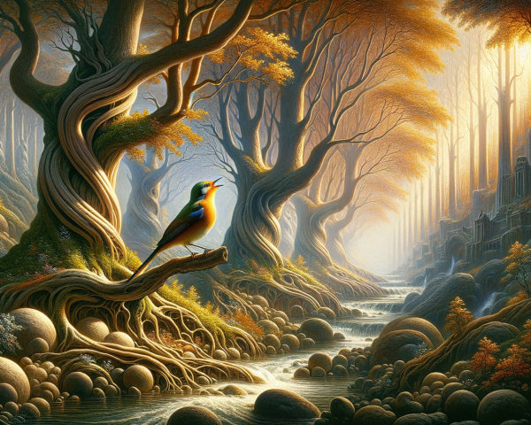 Serene forest scene with autumn leaves and stream