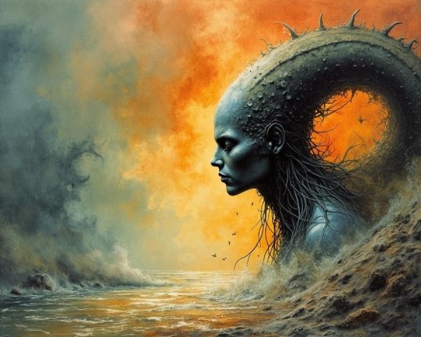 Surreal Figure with Woman's Face and Serpent Form
