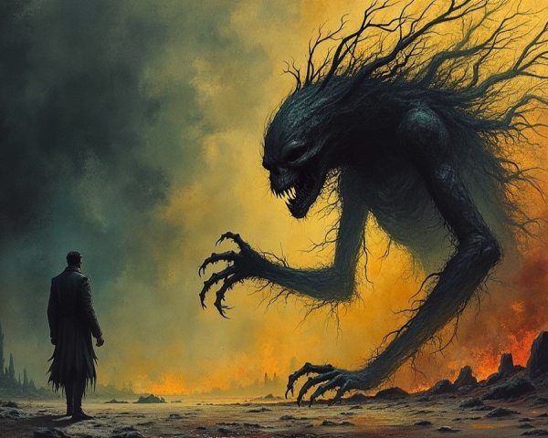 Lone Figure Confronts Dark Creature in Desolate Landscape