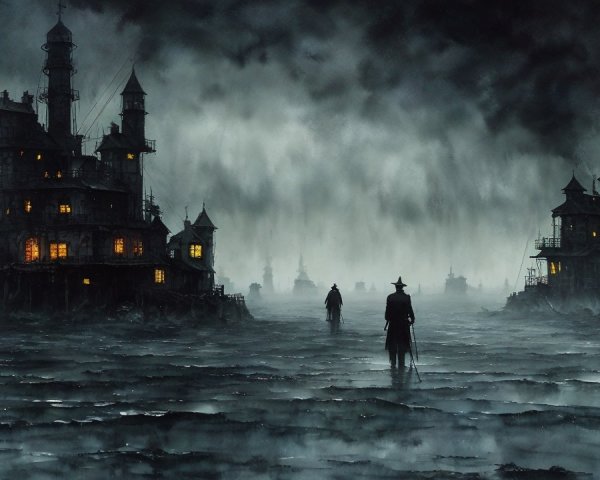 Eerie Landscape with Illuminated Mansions and Fog