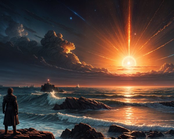 Lone Figure on Rocky Shores at Sunset with Mountains