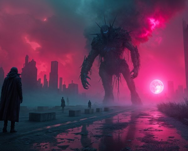 Monstrous Figure in Post-Apocalyptic Cityscape
