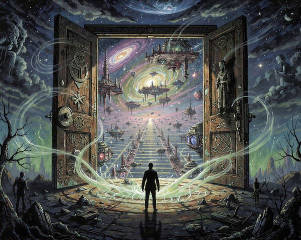 Man in dark landscape before ornate gates to galaxy