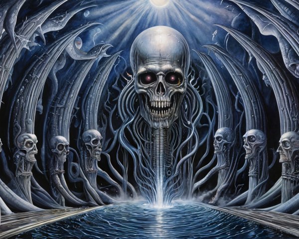 Dark Eerie Scene with Towering Skull and Skeletal Figures