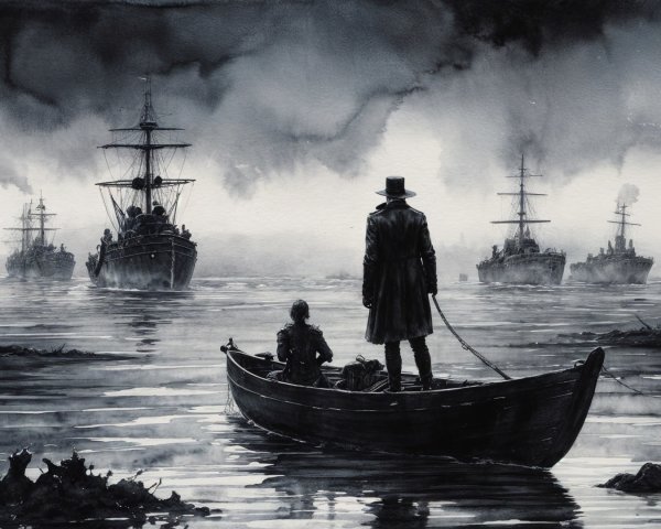 Monochrome Scene of Figures in Boat with Ships in Mist