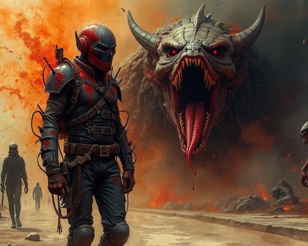 Lone Warrior in Futuristic Armor Amidst Destruction