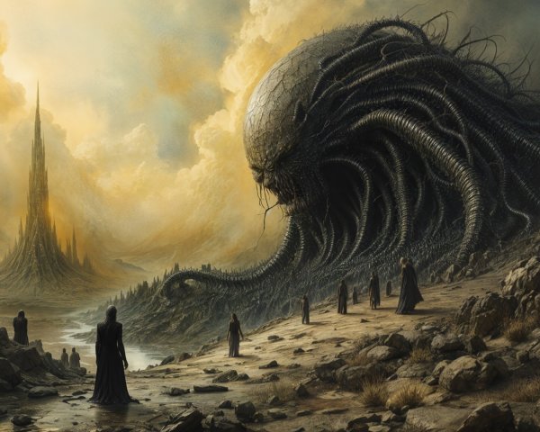 Haunting Landscape with Monstrous Figure and Silhouettes