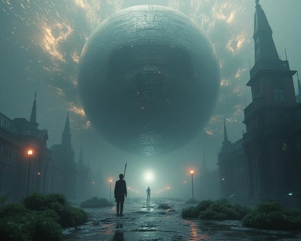 Dystopian Landscape with Figures and Glowing Sphere