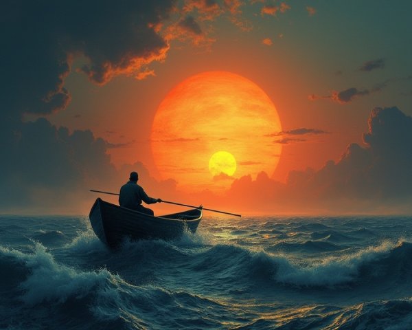 Silhouette of a lone figure rowing at sunset