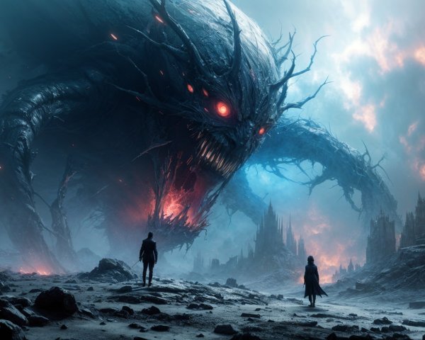 Colossal Creature Overlooks Desolate Landscape