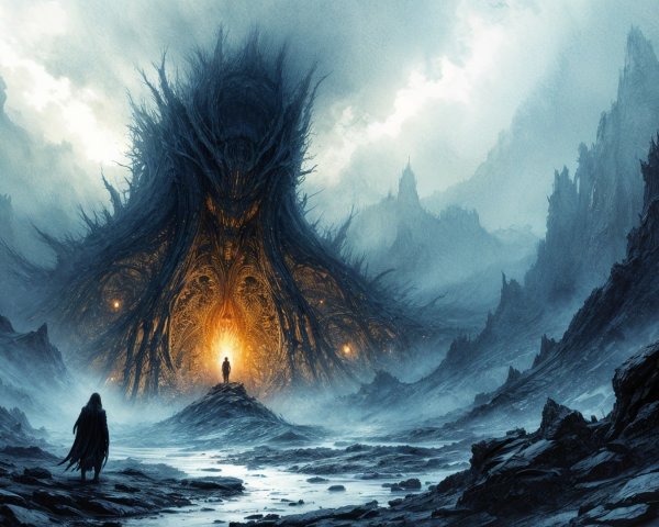 Mysterious Figure Before Twisted Organic Structure