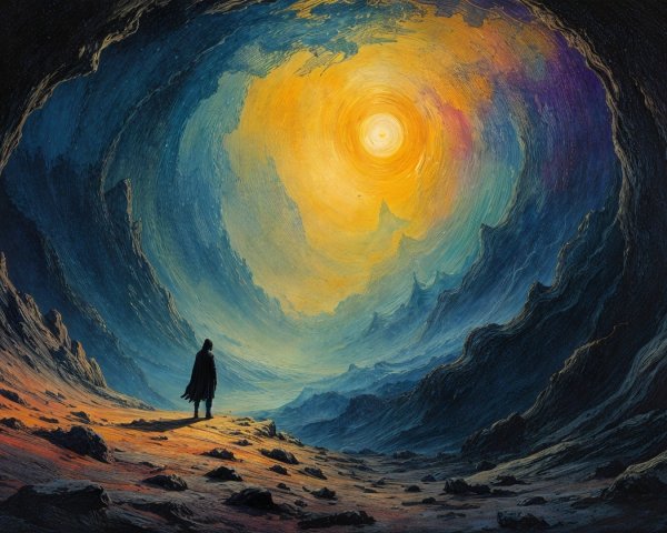 Solitary Figure in a Colorful Swirling Cavern