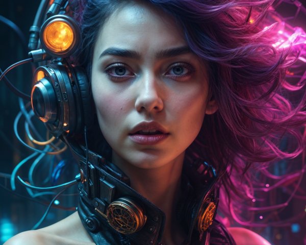 Futuristic woman with vibrant hair and high-tech headset