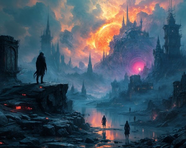 Post-Apocalyptic Landscape with Vibrant Sunset and Ruins