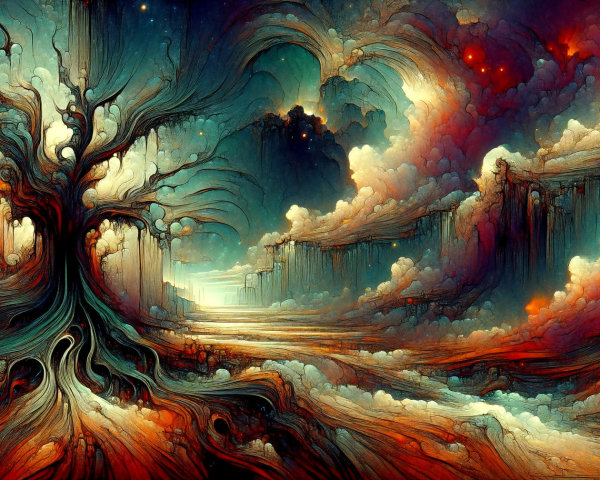 Surreal Landscape with Intricate Tree and Vibrant Sky