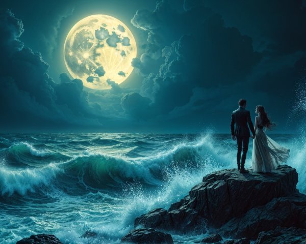 Couple on Rocky Shore Under Full Moon and Clouds