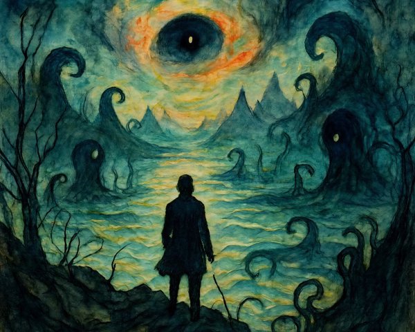 Surreal Landscape with Tentacled Creatures and Eye