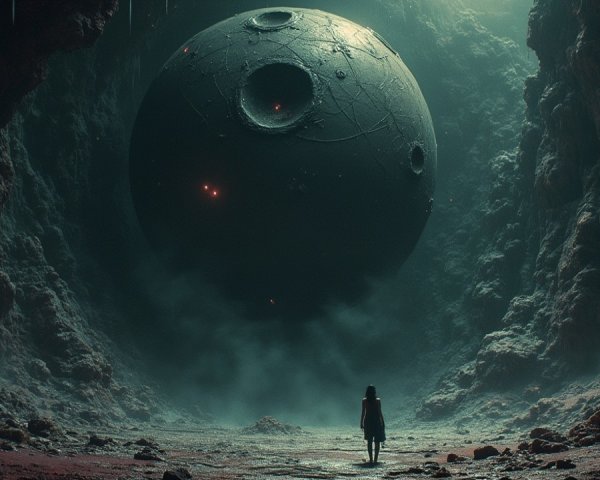 Solitary Figure in Mysterious Cavern with Dark Sphere
