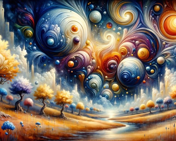 Surreal Landscape with Colorful River and Cosmic Sky