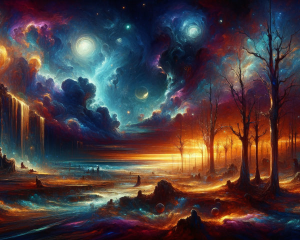 Vibrant Cosmic Landscape with Ethereal Clouds and Waterfalls