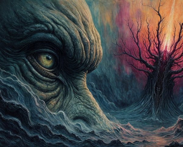Colossal Eye and Gnarled Tree in Surreal Landscape