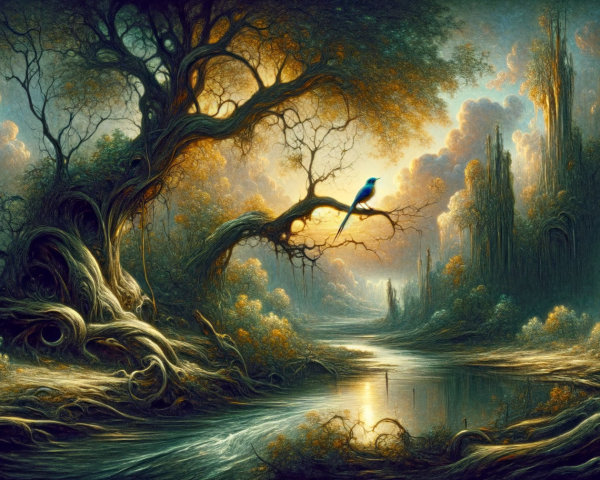 Mystical landscape with twisted tree and serene river