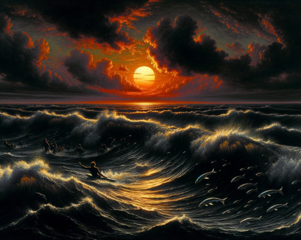 Dramatic Sunset Seascape with Surfer and Fish