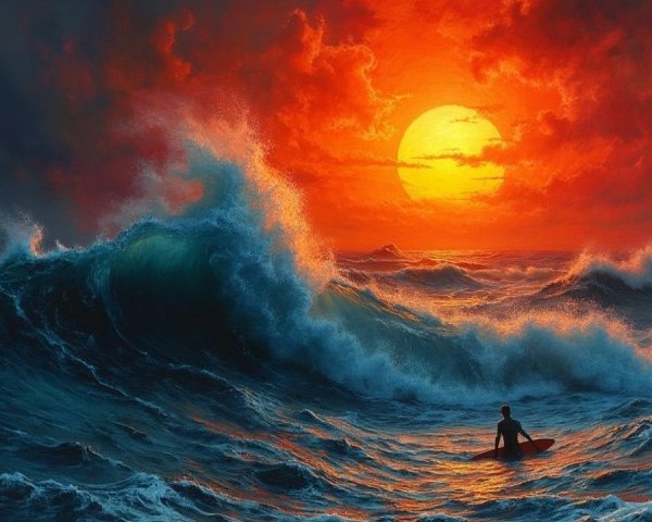 Seascape at Sunset with Waves and Surfer Silhouette