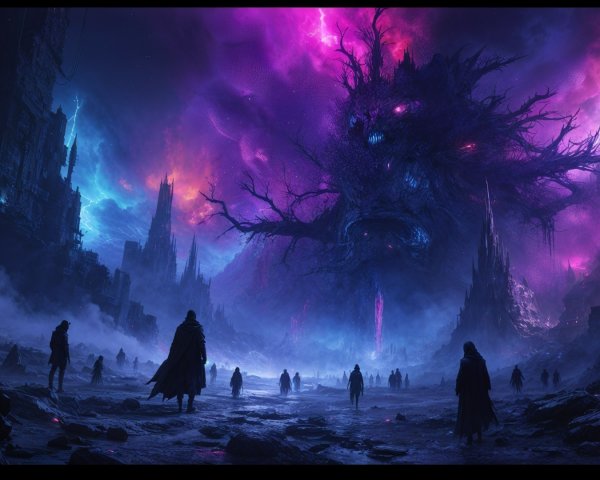Mystical Landscape with Cloaked Figures and Monstrous Entity