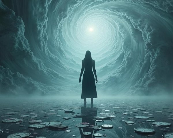 Solitary Figure on Reflective Surface with Vortex and Clocks