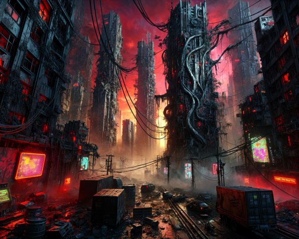 Dystopian Urban Landscape with Decaying Skyscrapers