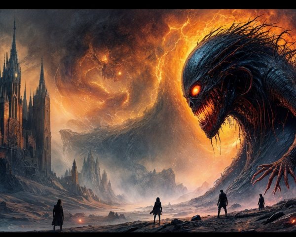 Monstrous Creature Overlooks Gothic Castle Landscape