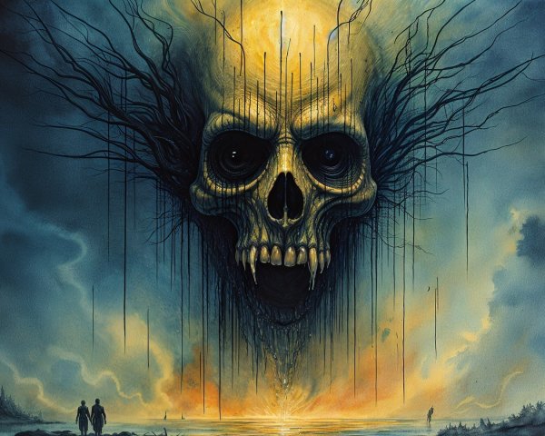 Gigantic Skull with Branches Against Twilight Sky
