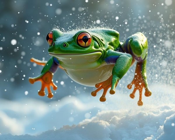 Vibrant Green Frog in Snowy Winter Landscape