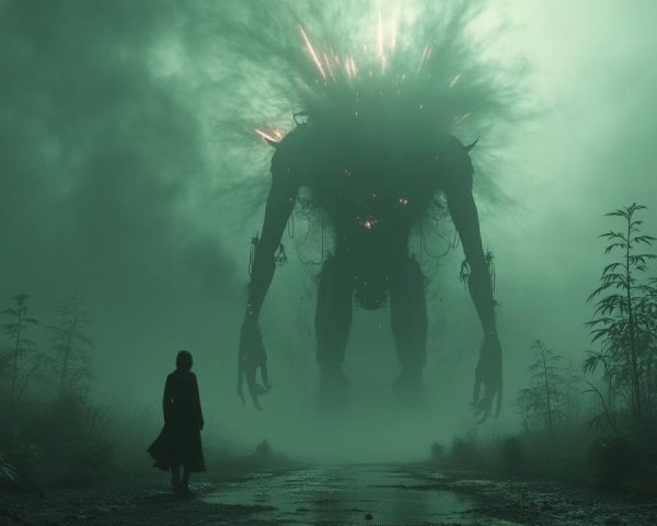 Lone Figure Confronts Colossal Creature in Foggy Setting