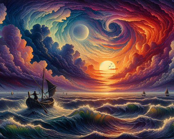 Seascape with Boat, Vibrant Waves, and Sunset Sky