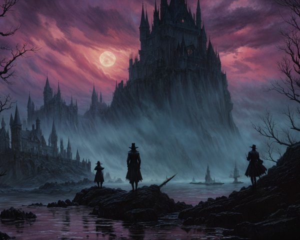 Twilight Landscape with Castle and Silhouetted Figures