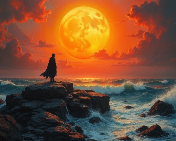 Twilight Scene of Cloaked Figure by Ocean Waves