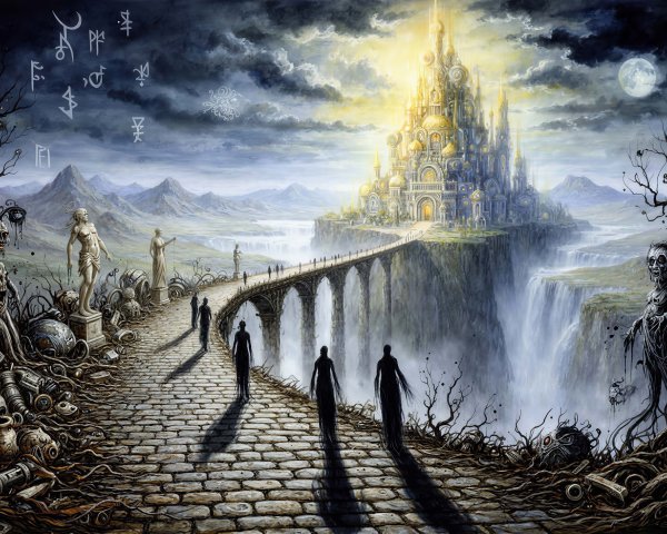 surreal landscape featuring dark, twisted trees and a stormy sky.