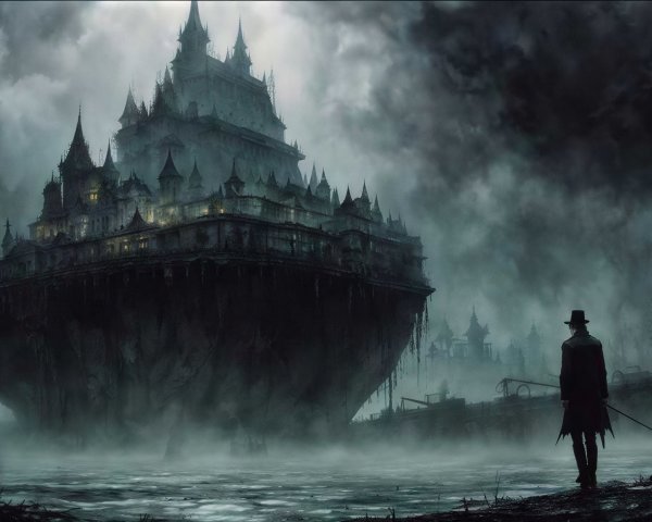 Gothic Castle in Dark Atmospheric Horror Landscape